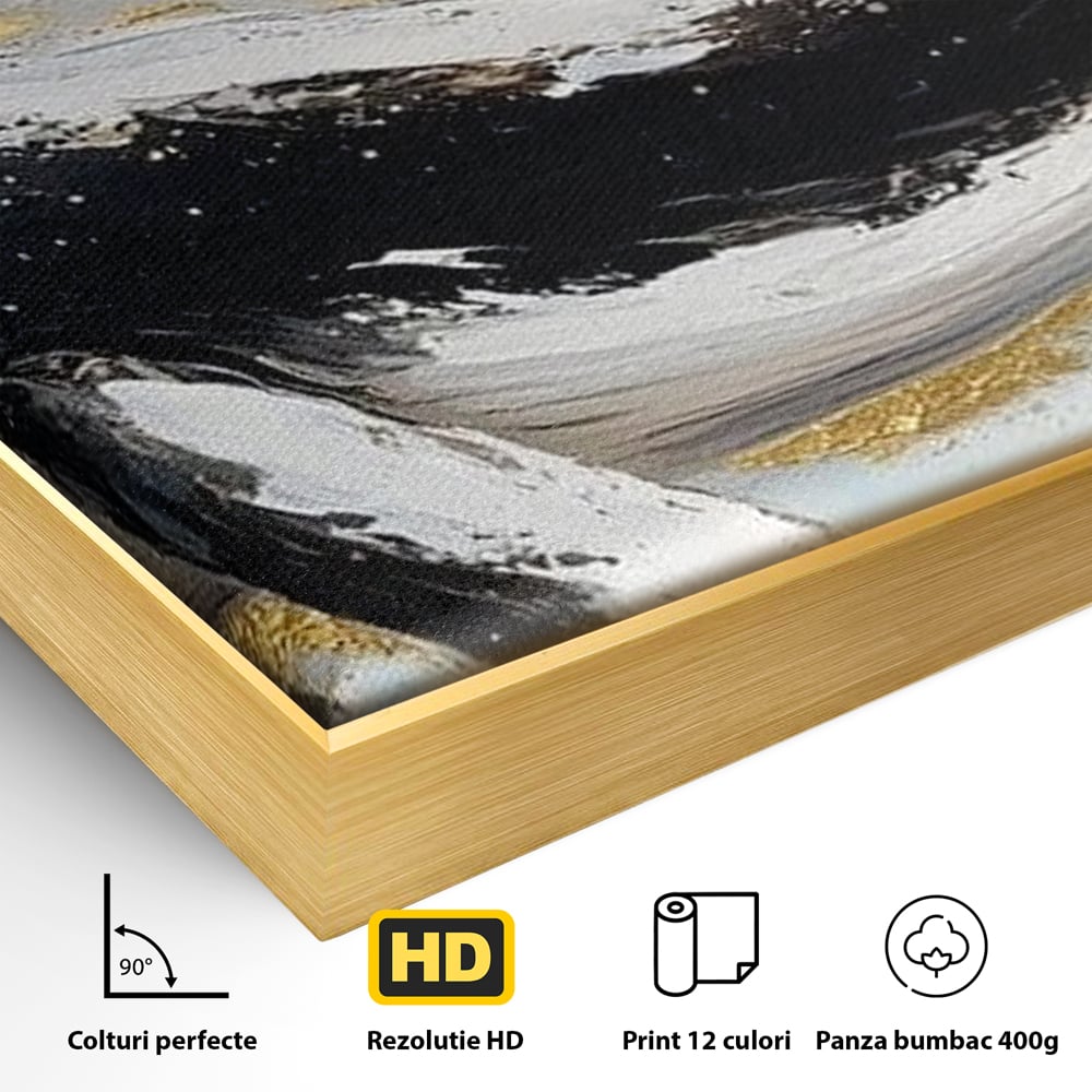 Detaliu al suprafetei: tablou canvas cu balena si detalii aurii, in rama de aluminiu auriu