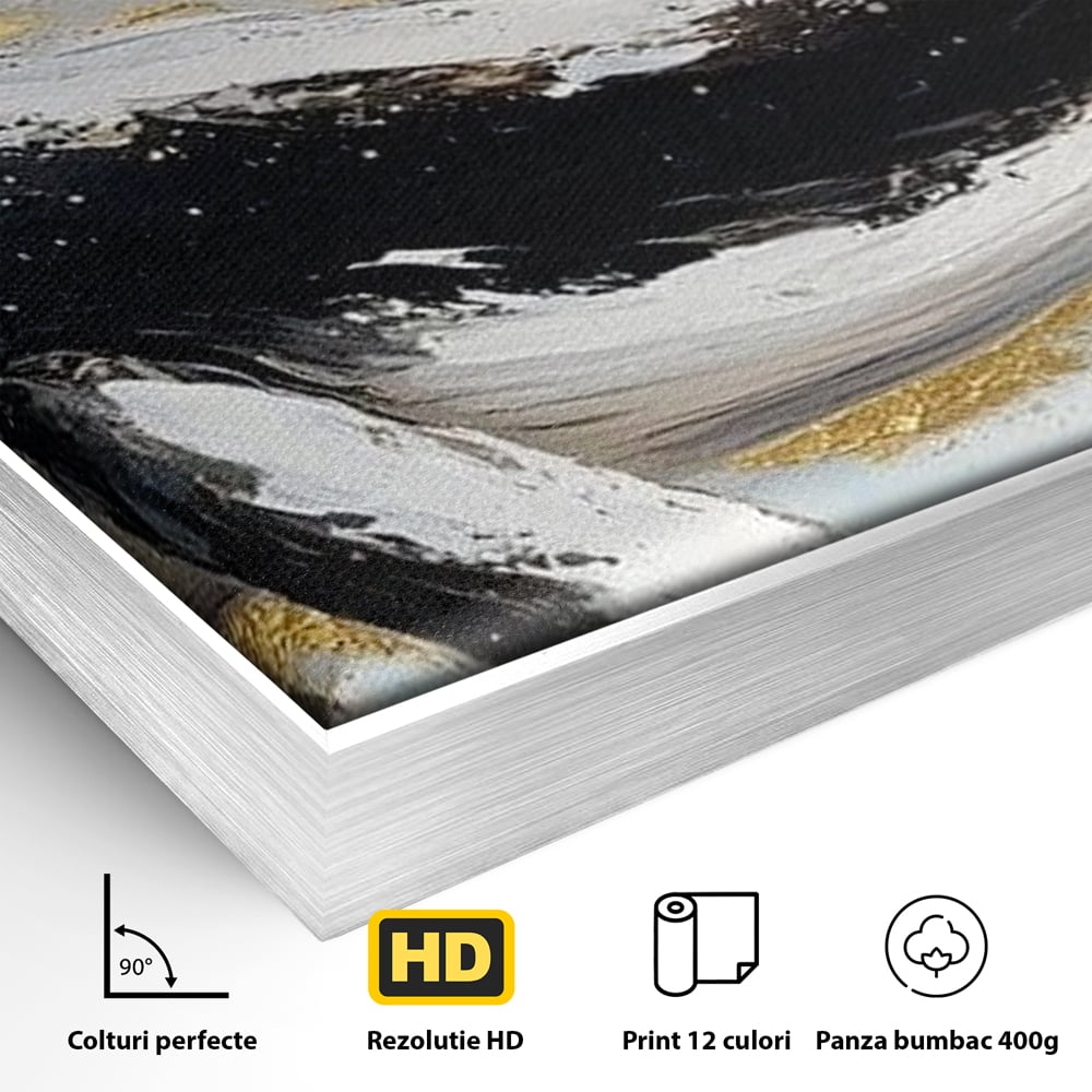 Detaliu al suprafetei: tablou canvas cu balena si detalii aurii, in rama de aluminiu argintiu