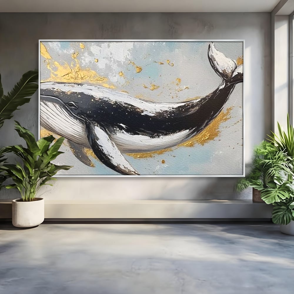 Tablou canvas cu tablou canvas cu balena si detalii aurii, in rama de aluminiu argintiu