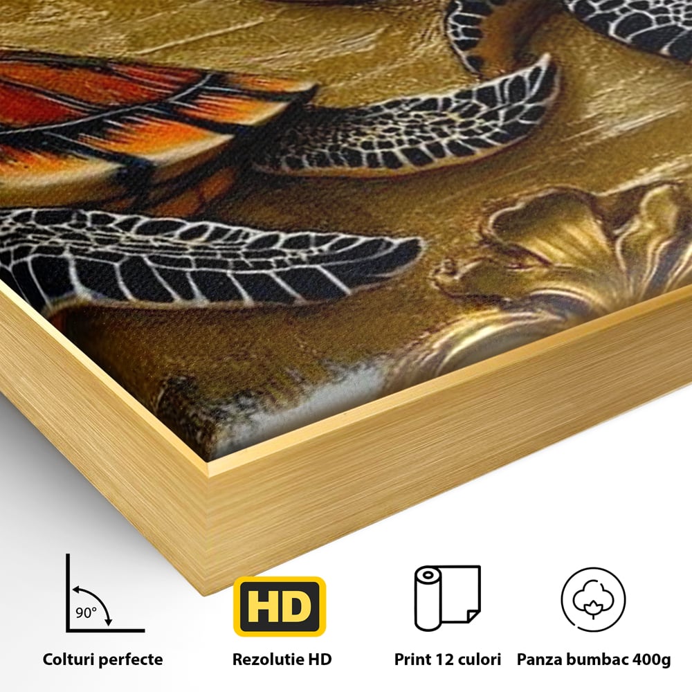 Detaliu al suprafetei: tablou canvas cu doua testoase, in rama de aluminiu auriu