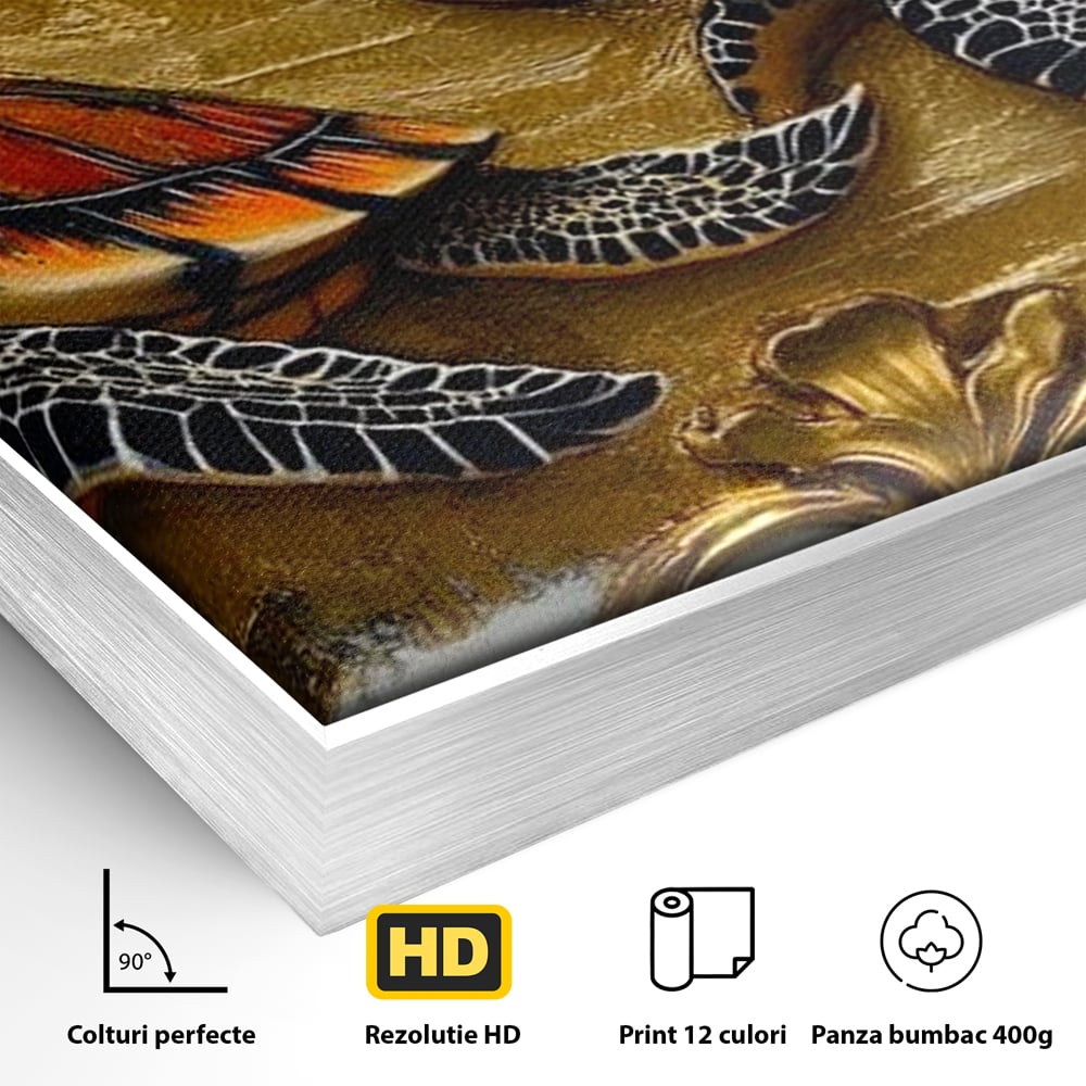 Detaliu al suprafetei: tablou canvas cu doua testoase, in rama de aluminiu argintiu