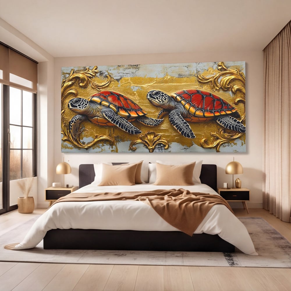 Tablou canvas cu tablou canvas cu doua testoase, fara rama, pe sasiu de lemn, pe perete intr-un dormitor