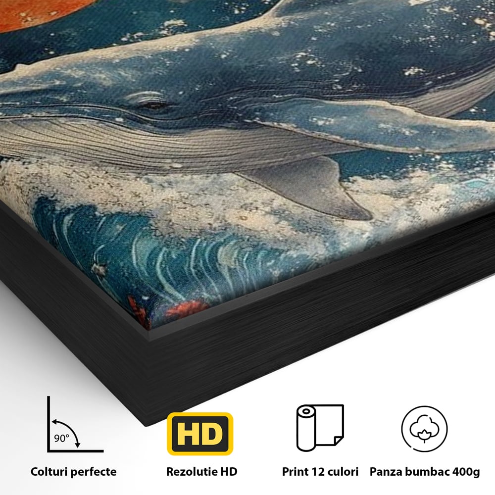 Detaliu al suprafetei: tablou canvas cu balena si luna, in rama de aluminiu negru
