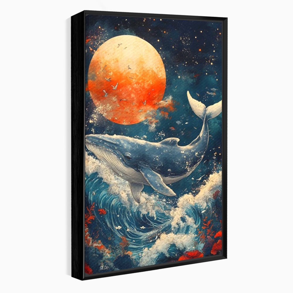 Tablou canvas cu tablou canvas cu balena si luna, in rama de aluminiu negru