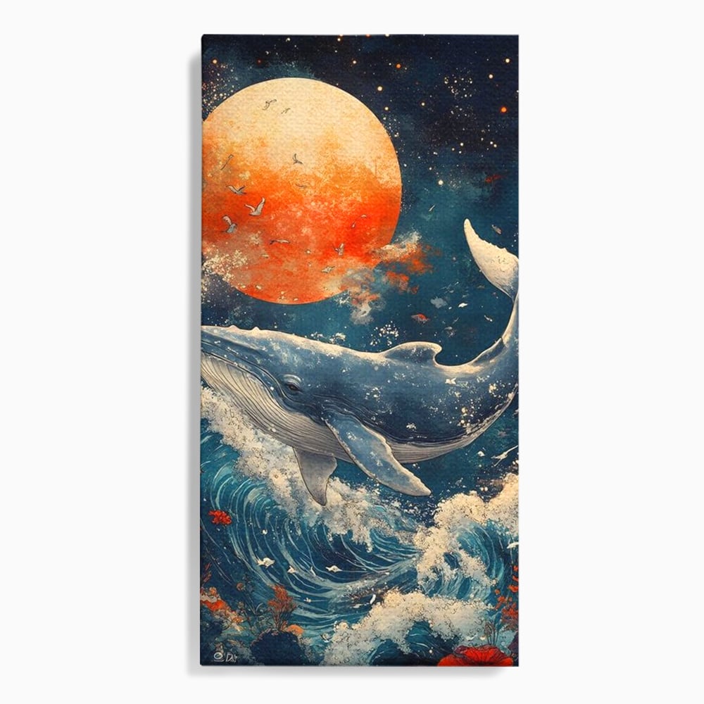 Tablou canvas cu tablou canvas cu balena si luna, fara rama, pe sasiu de lemn