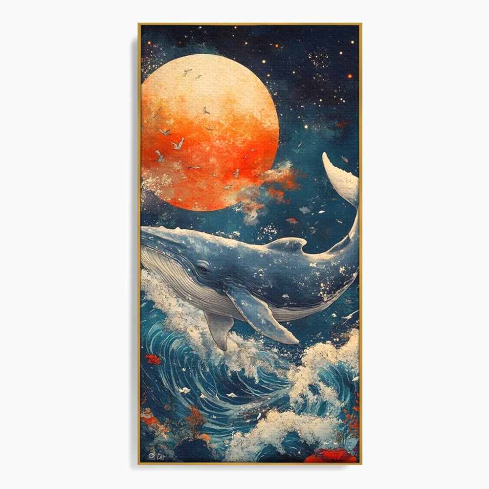 Tablou canvas cu tablou canvas cu balena si luna, in rama de aluminiu auriu