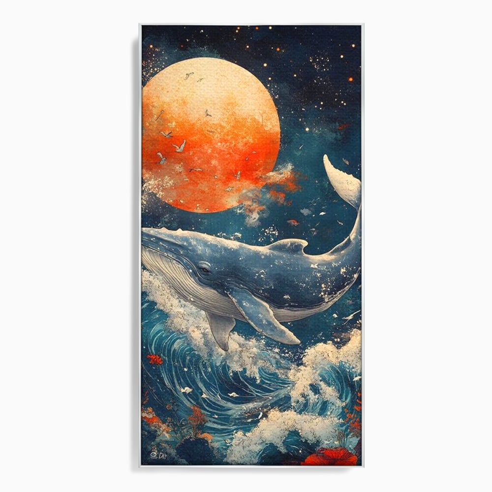 Tablou canvas cu tablou canvas cu balena si luna, in rama de aluminiu argintiu