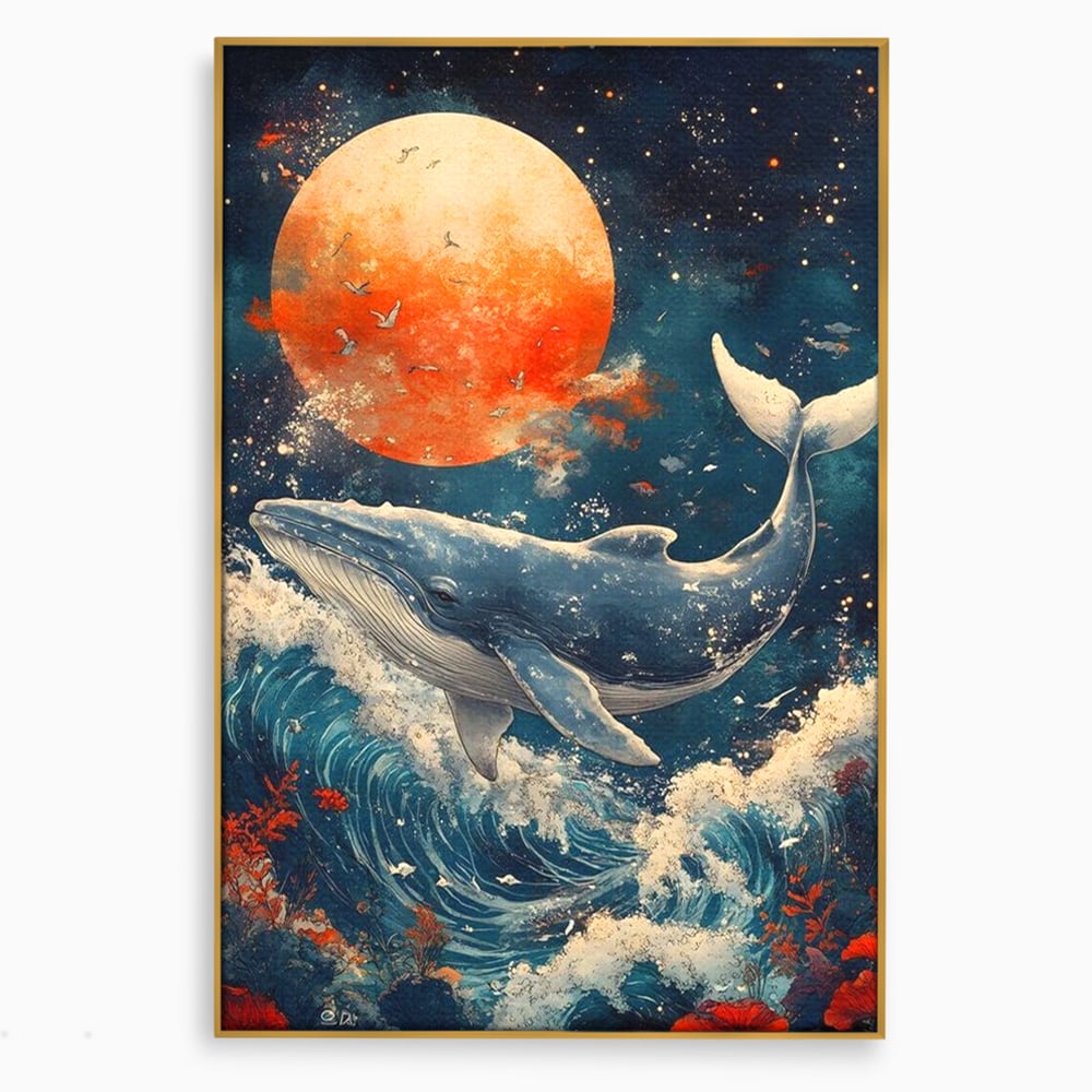 Tablou canvas cu tablou canvas cu balena si luna, in rama de aluminiu auriu