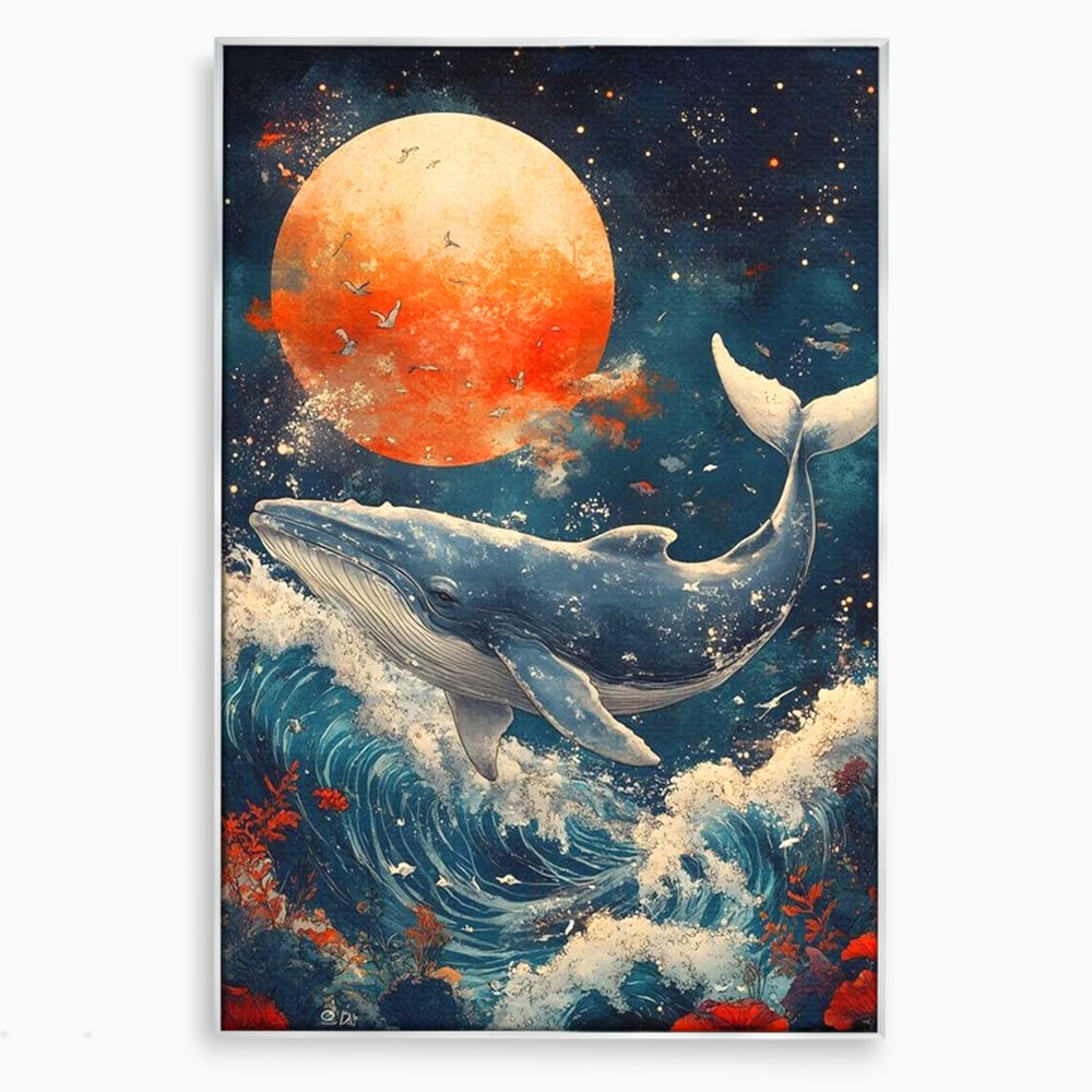 Tablou canvas cu tablou canvas cu balena si luna, in rama de aluminiu argintiu