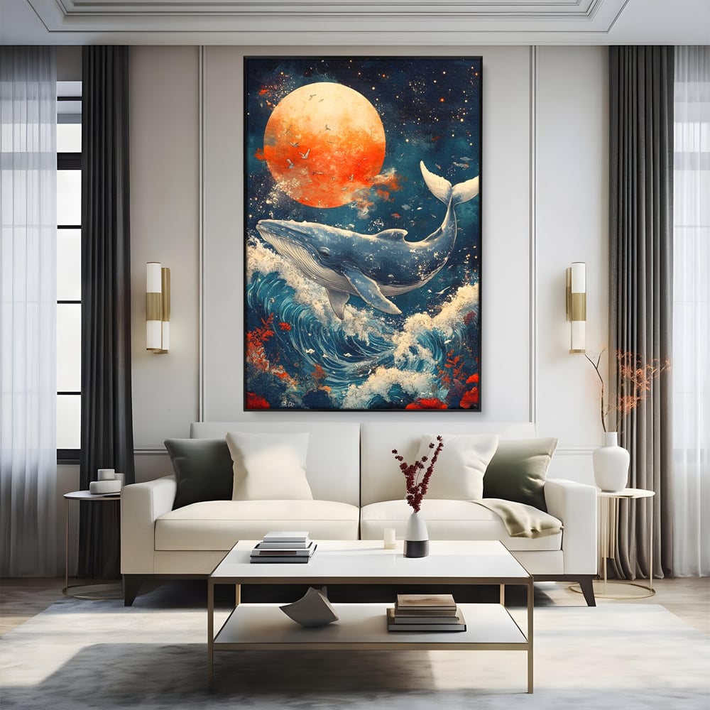 Tablou canvas cu tablou canvas cu balena si luna, in rama de aluminiu negru, pe perete intr-un living