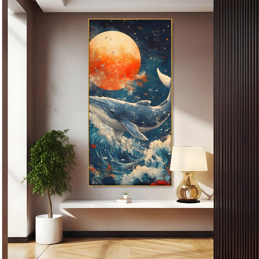 Tablou canvas cu tablou canvas cu balena si luna, in rama de aluminiu auriu