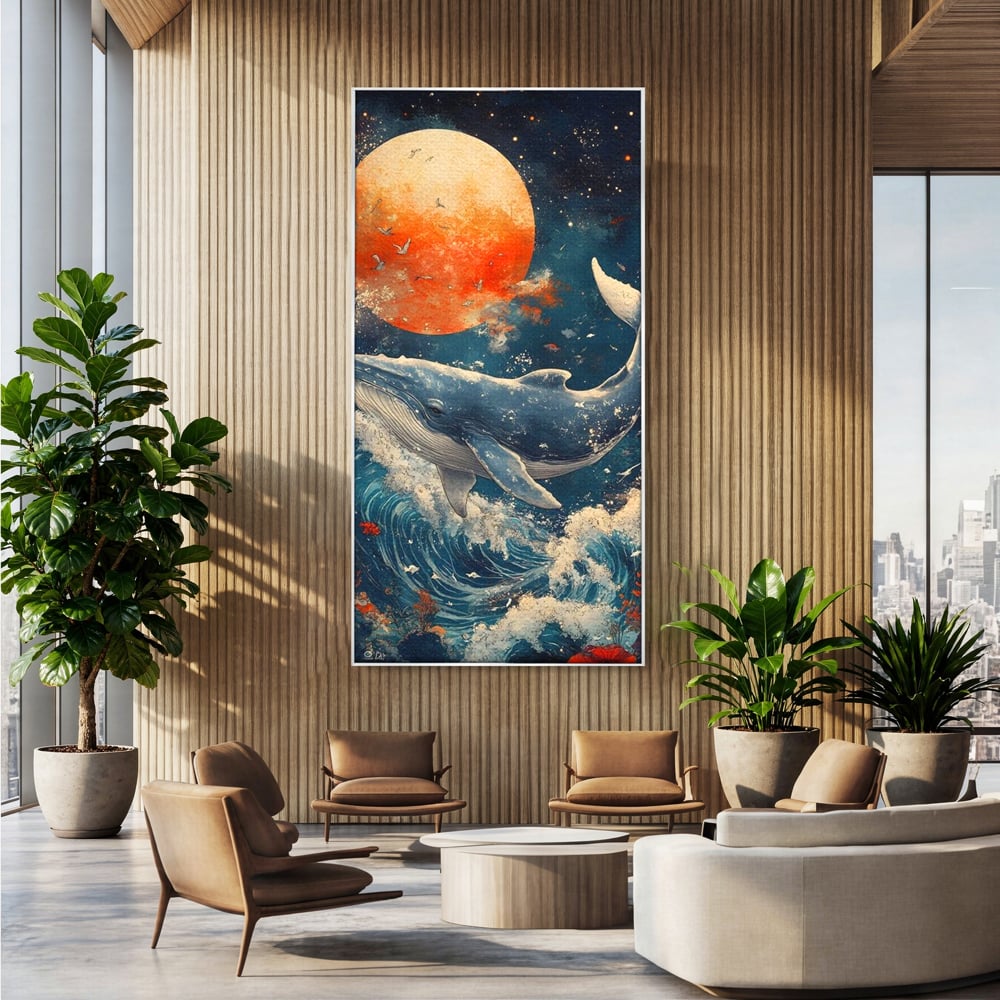 Tablou canvas cu tablou canvas cu balena si luna, in rama de aluminiu argintiu, pe perete intr-un birou