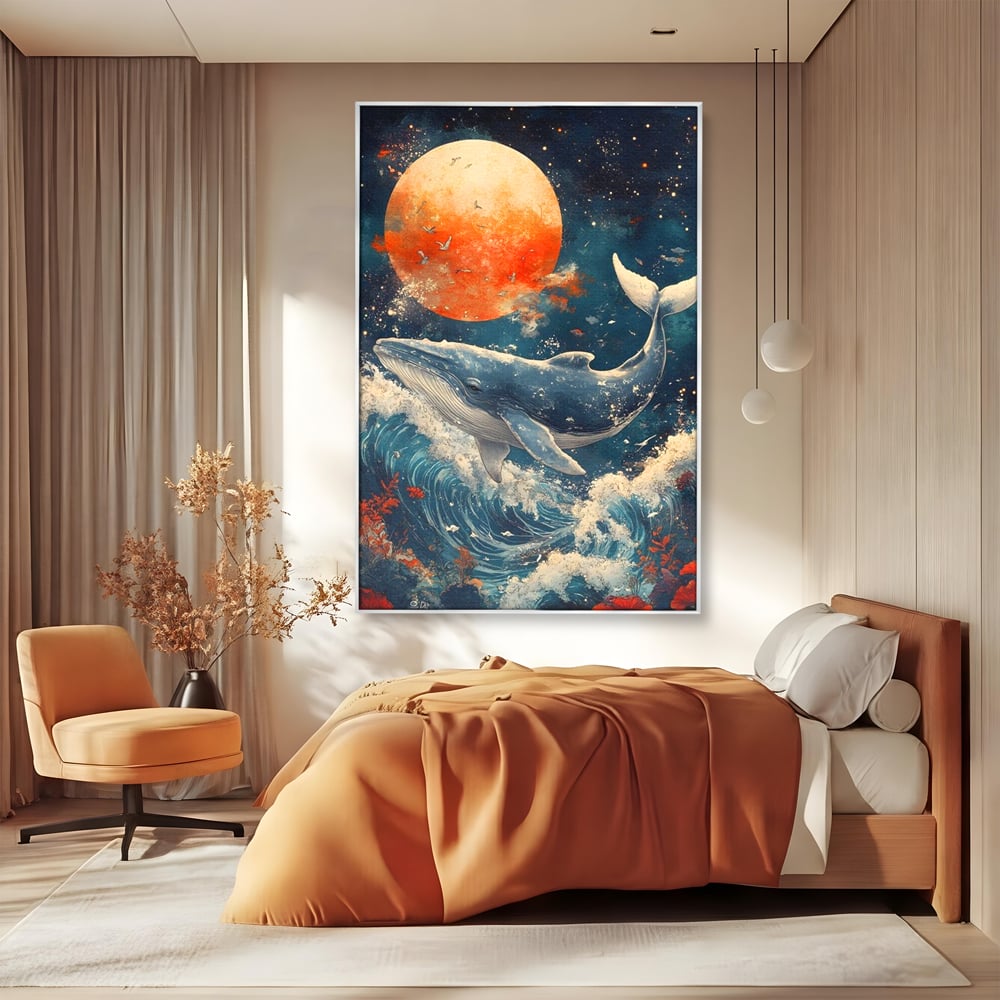 Tablou canvas cu tablou canvas cu balena si luna, in rama de aluminiu argintiu, pe perete intr-un dormitor