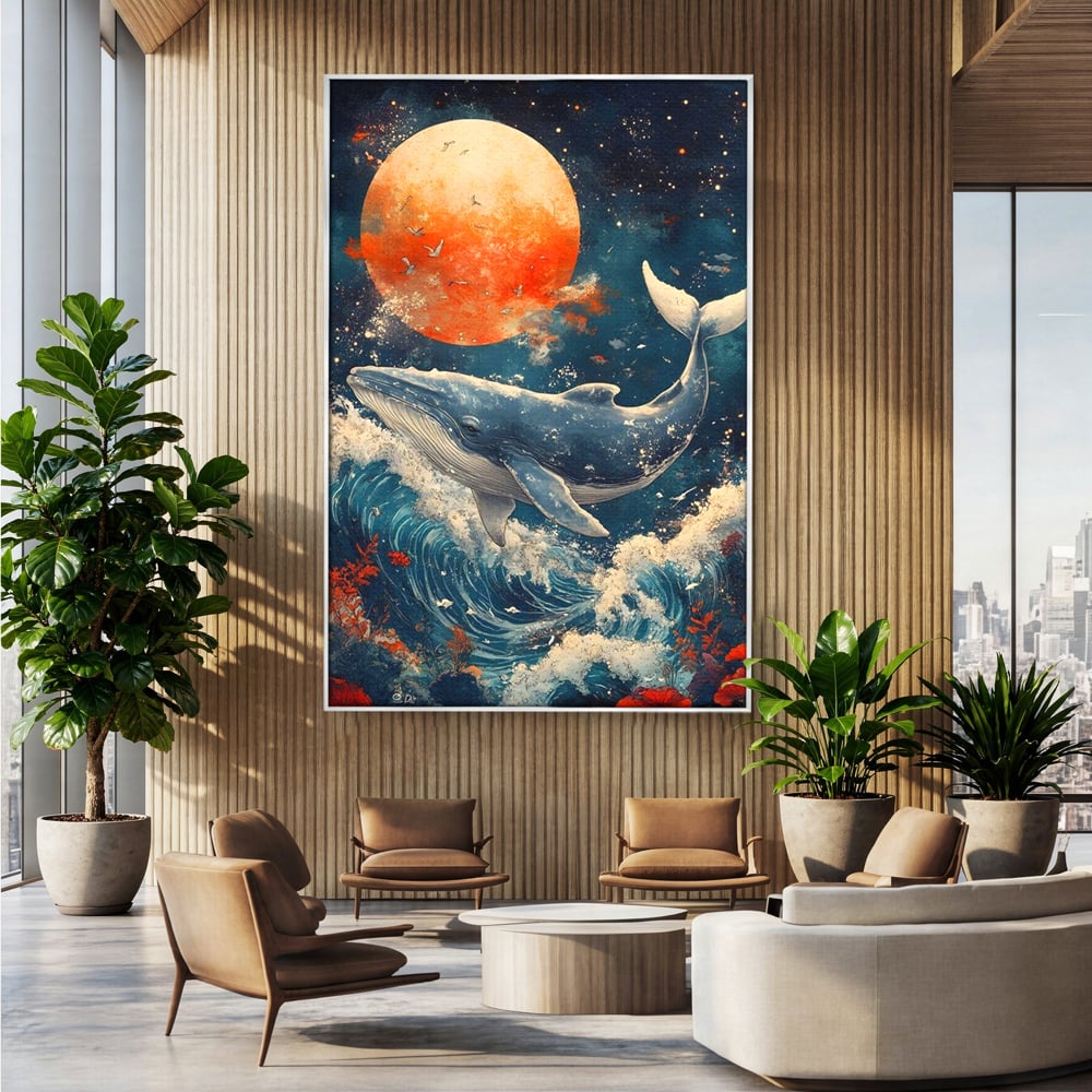 Tablou canvas cu tablou canvas cu balena si luna, in rama de aluminiu argintiu, pe perete intr-un birou