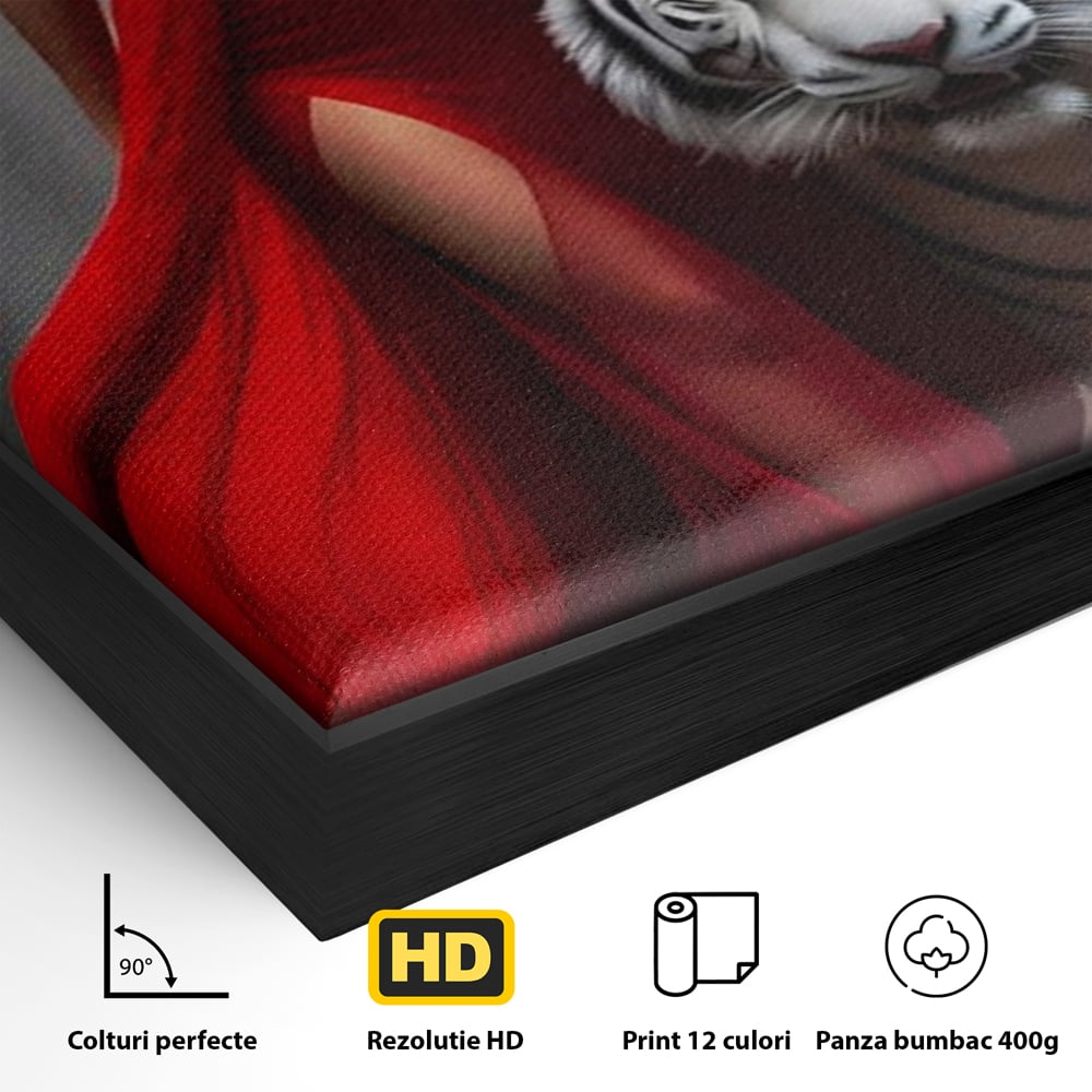 Detaliu al suprafetei: tablou canvas cu femeie si tigru alb, in rama de aluminiu negru