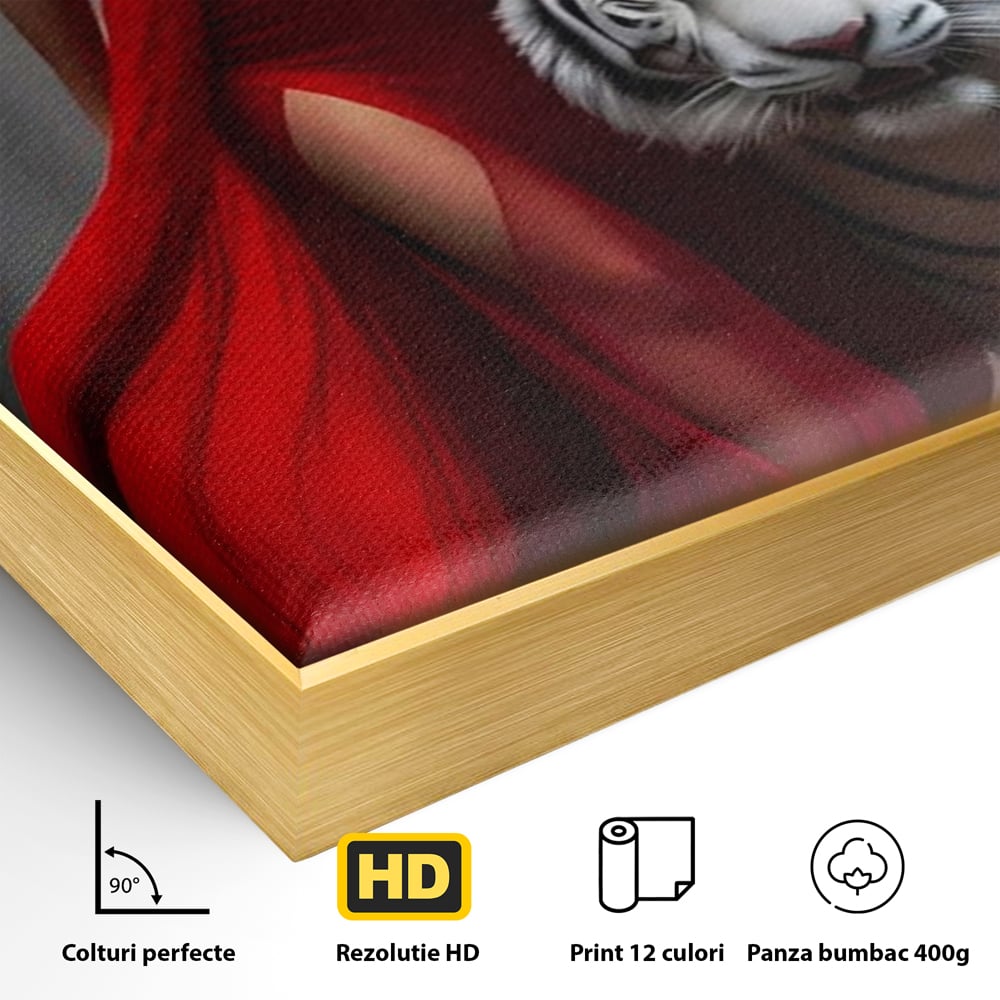 Detaliu al suprafetei: tablou canvas cu femeie si tigru alb, in rama de aluminiu auriu