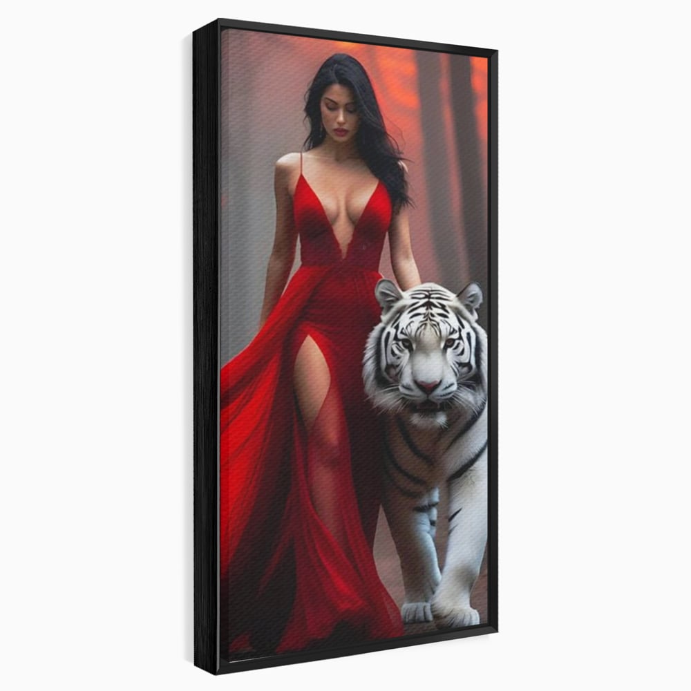 Tablou canvas cu tablou canvas cu femeie si tigru alb, in rama de aluminiu negru
