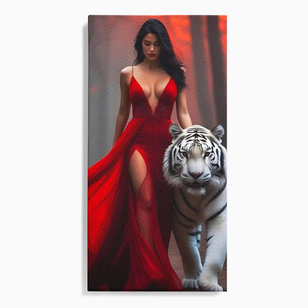 Tablou canvas cu tablou canvas cu femeie si tigru alb, fara rama, pe sasiu de lemn