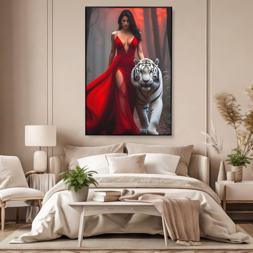 Tablou canvas cu tablou canvas cu femeie si tigru alb, in rama de aluminiu negru, pe perete intr-un dormitor