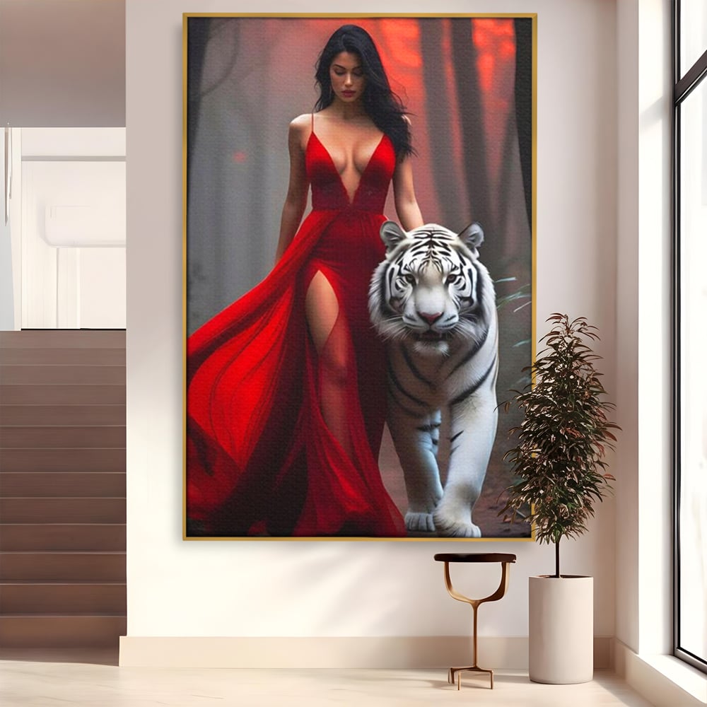 Tablou canvas cu tablou canvas cu femeie si tigru alb, in rama de aluminiu auriu