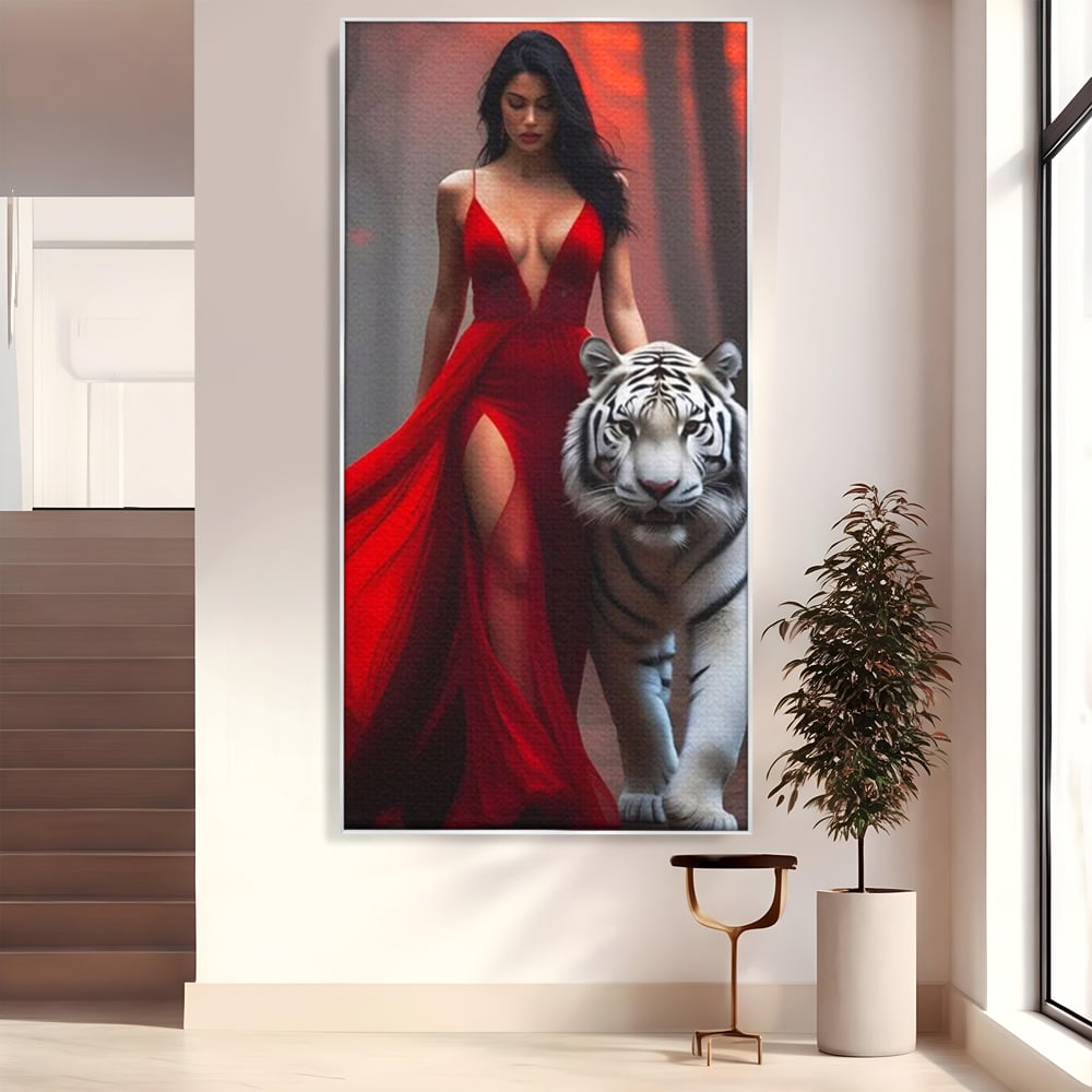 Tablou canvas cu tablou canvas cu femeie si tigru alb, in rama de aluminiu argintiu