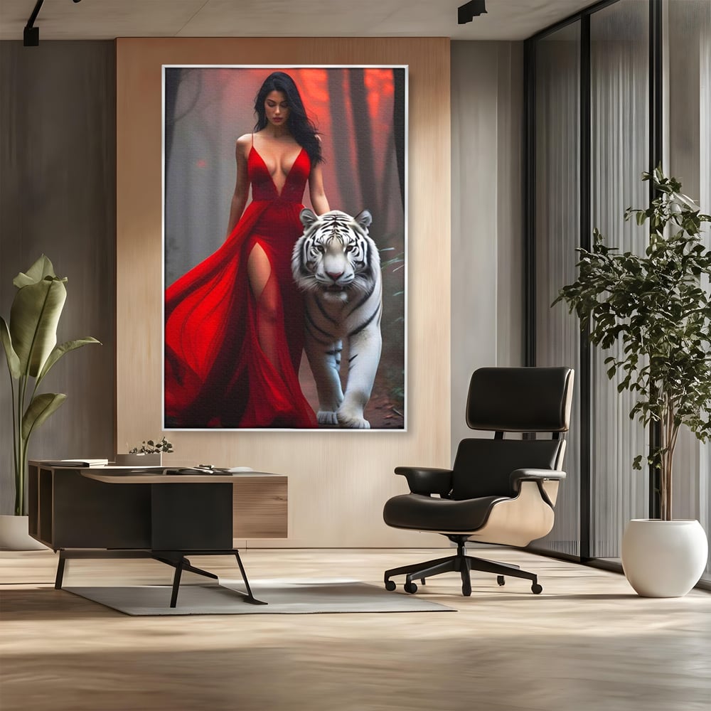 Tablou canvas cu tablou canvas cu femeie si tigru alb, in rama de aluminiu argintiu, pe perete intr-un birou