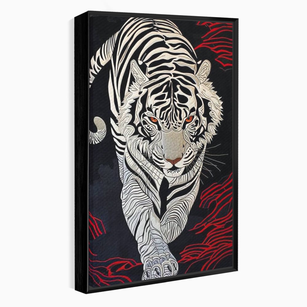 Tablou canvas cu tablou vertical cu tigru alb pe fundal negru, in rama de aluminiu negru