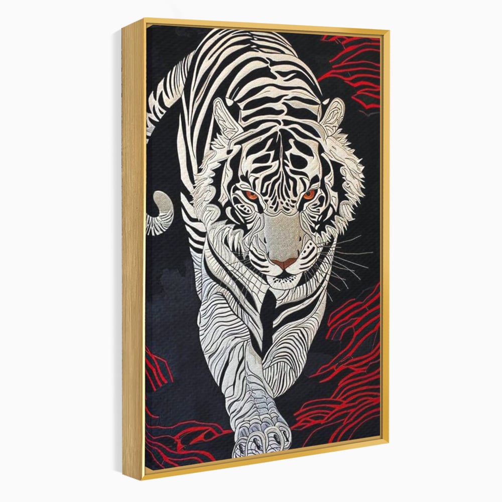 Tablou canvas cu tablou vertical cu tigru alb pe fundal negru, in rama de aluminiu auriu