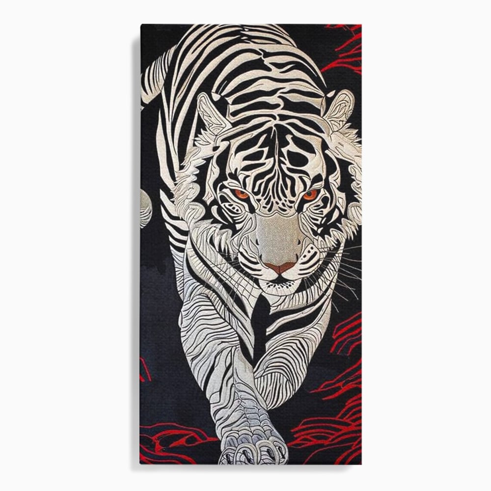 Tablou canvas cu tablou vertical cu tigru alb pe fundal negru, fara rama, pe sasiu de lemn