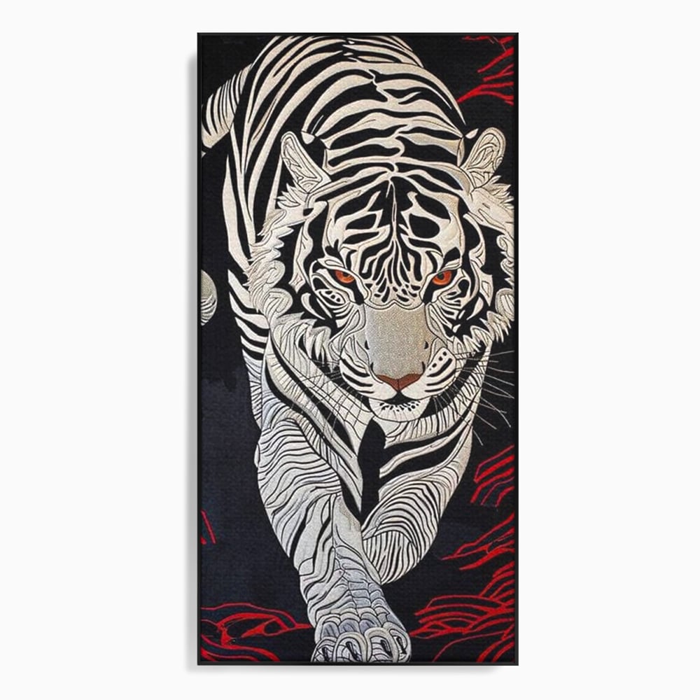 Tablou canvas cu tablou vertical cu tigru alb pe fundal negru, in rama de aluminiu negru