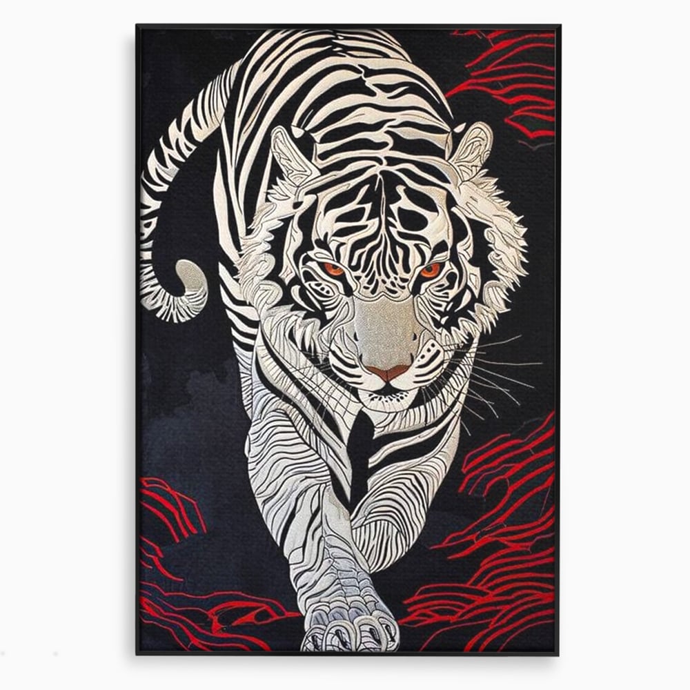Tablou canvas cu tablou vertical cu tigru alb pe fundal negru, in rama de aluminiu negru