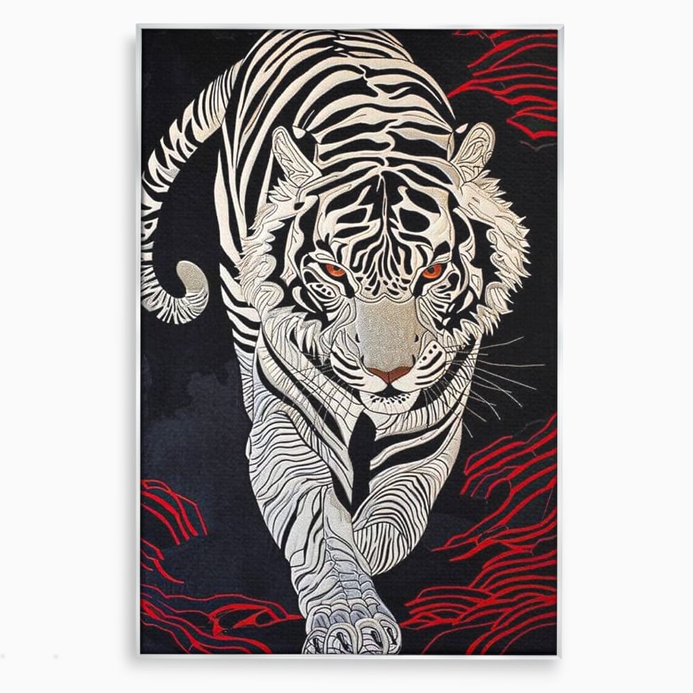 Tablou canvas cu tablou vertical cu tigru alb pe fundal negru, in rama de aluminiu argintiu