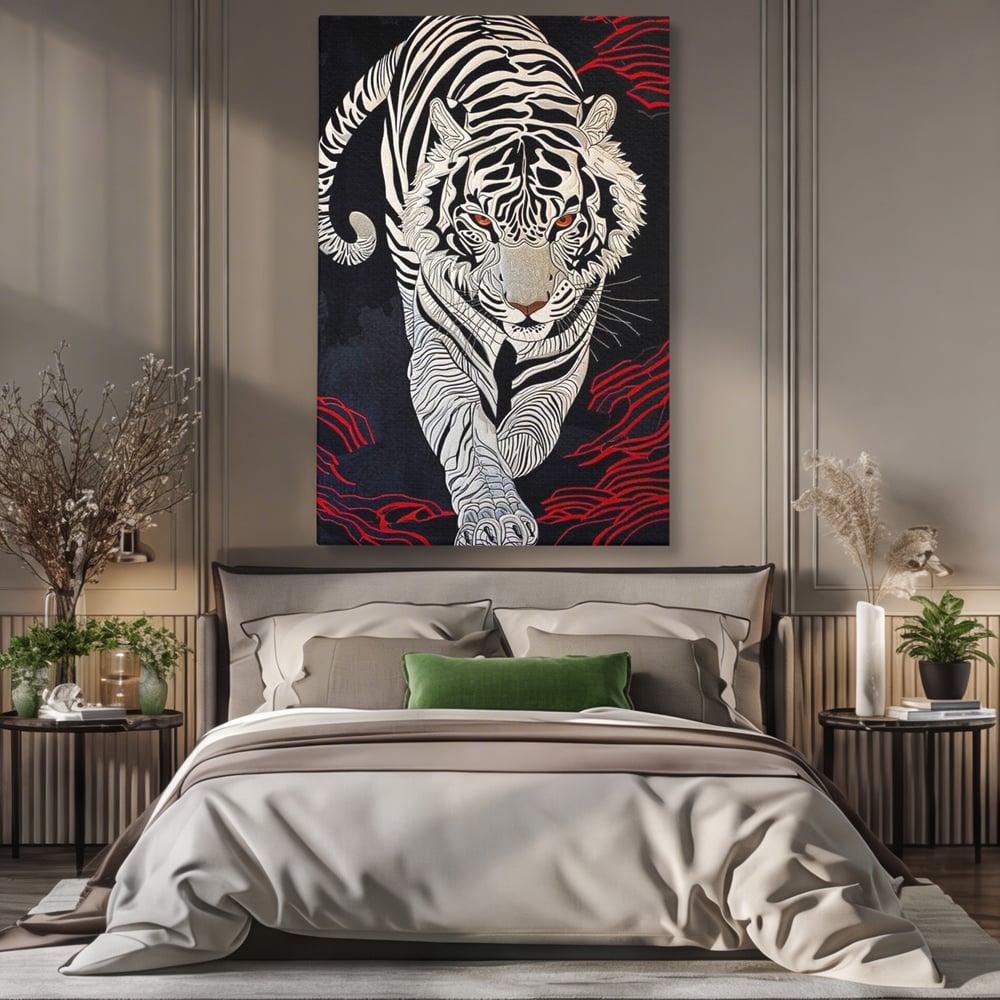 Tablou Canvas Vertical cu Tigru Alb pe Fundal Negru, Negru si Alb, M1429