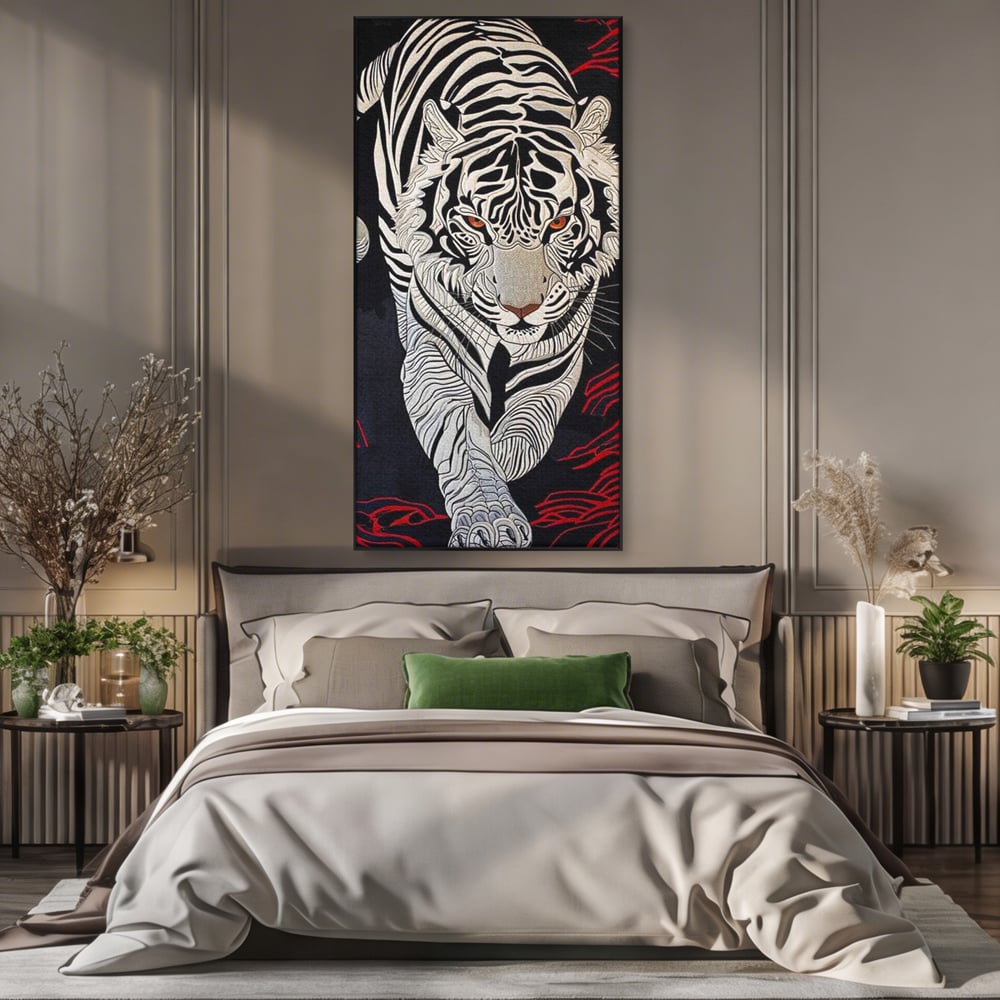 Tablou Canvas Vertical cu Tigru Alb pe Fundal Negru, Negru si Alb, M1429