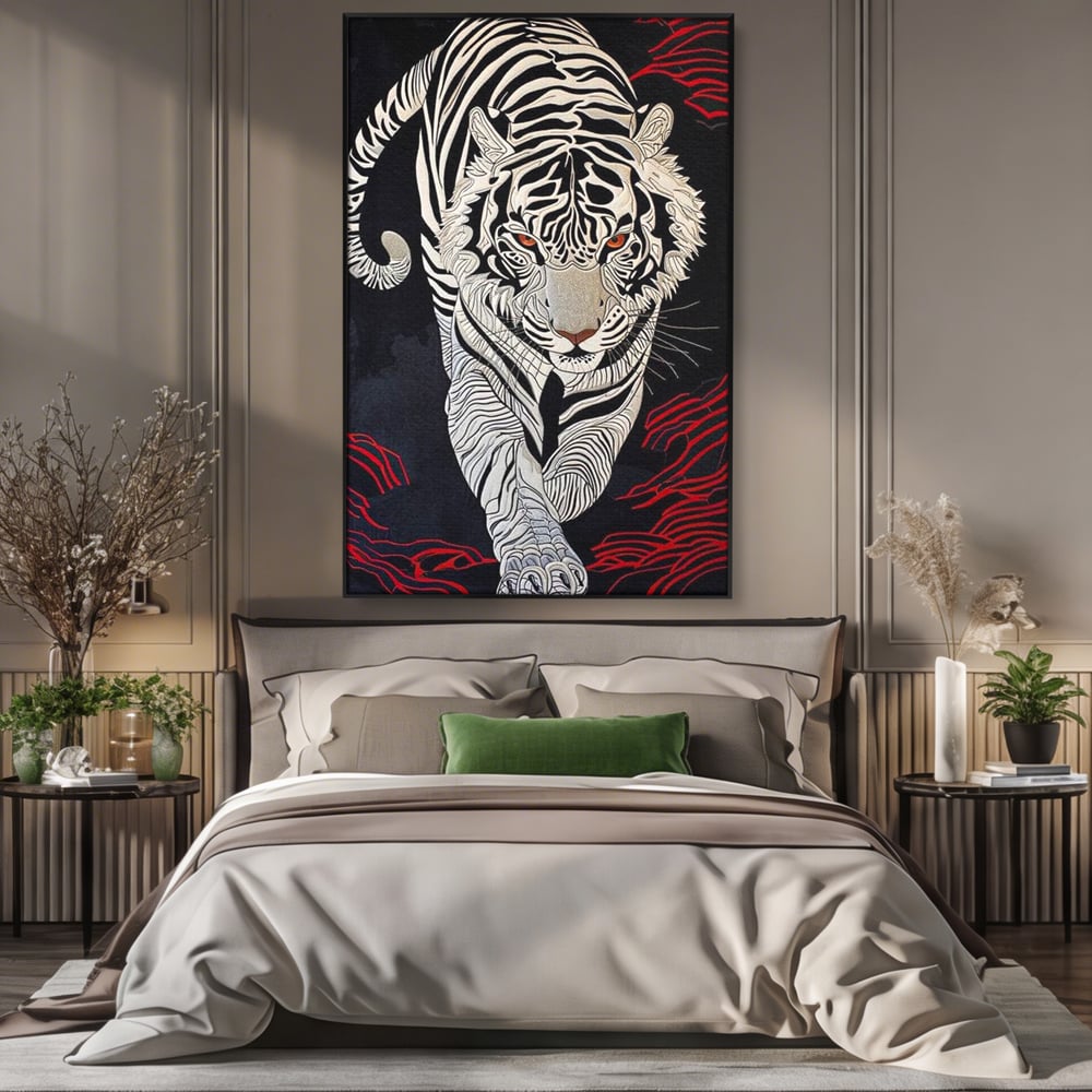 Tablou Canvas Vertical cu Tigru Alb pe Fundal Negru, Negru si Alb, M1429