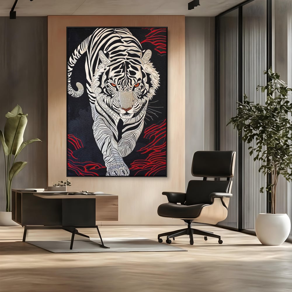 Tablou Canvas Vertical cu Tigru Alb pe Fundal Negru, Negru si Alb, M1429