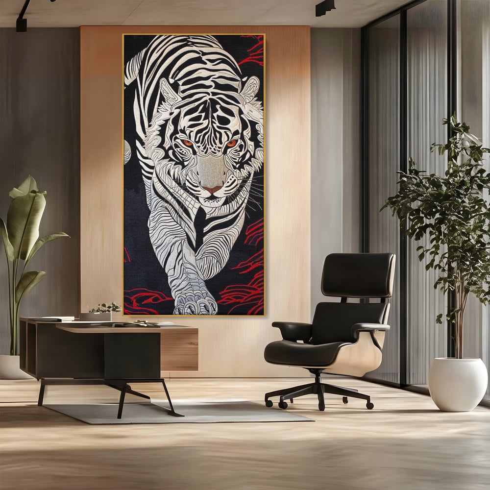 Tablou Canvas Vertical cu Tigru Alb pe Fundal Negru, Negru si Alb, M1429