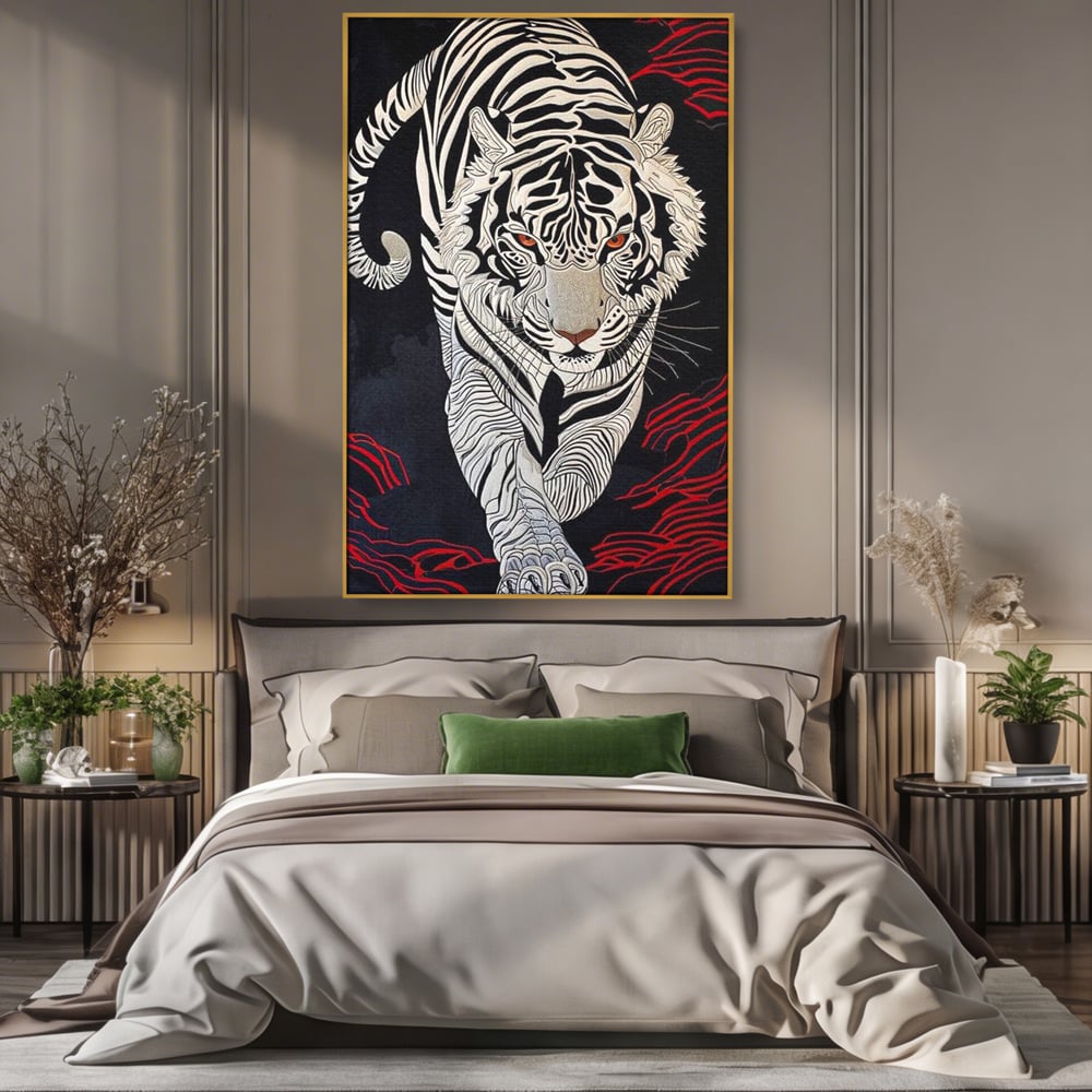Tablou Canvas Vertical cu Tigru Alb pe Fundal Negru, Negru si Alb, M1429