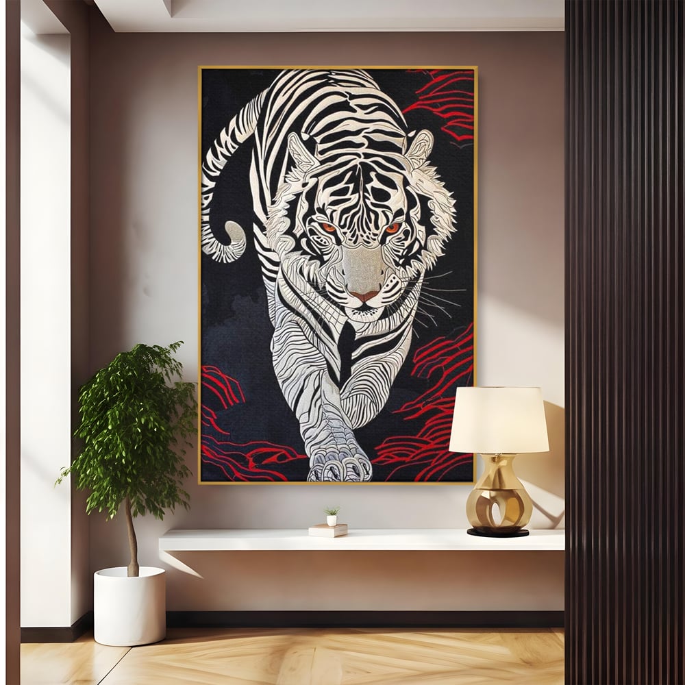 Tablou Canvas Vertical cu Tigru Alb pe Fundal Negru, Negru si Alb, M1429