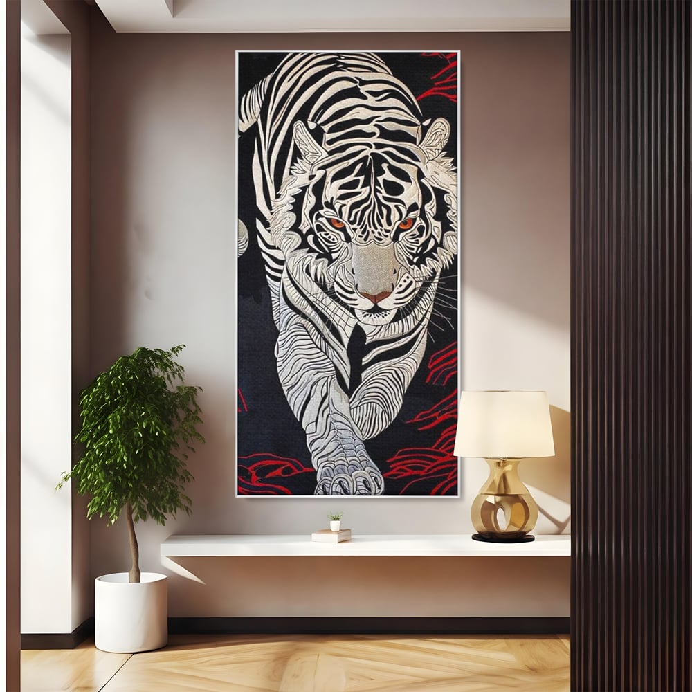 Tablou Canvas Vertical cu Tigru Alb pe Fundal Negru, Negru si Alb, M1429