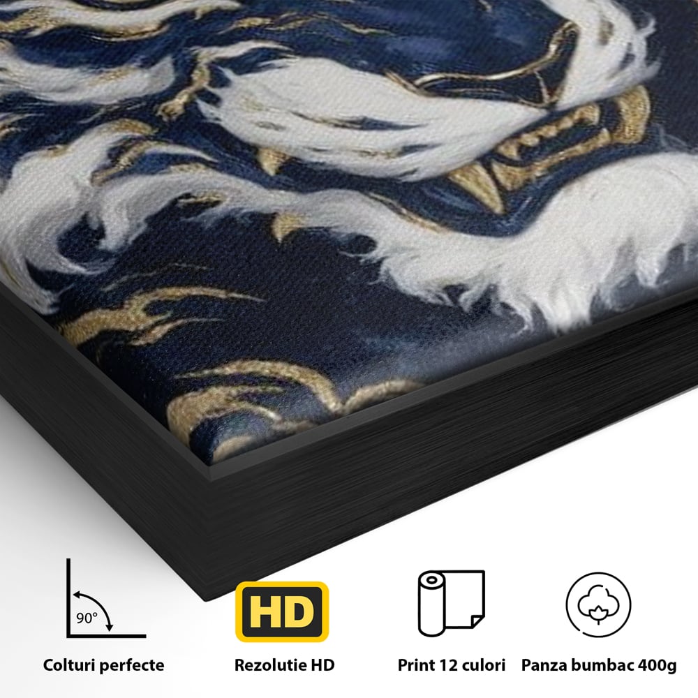 Detaliu al suprafetei: tablou canvas cu tigru albastru si flacari aurii, in rama de aluminiu negru