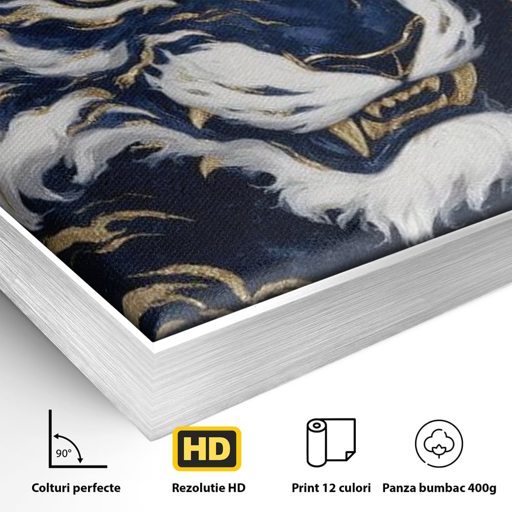 Detaliu al suprafetei: tablou canvas cu tigru albastru si flacari aurii, in rama de aluminiu argintiu