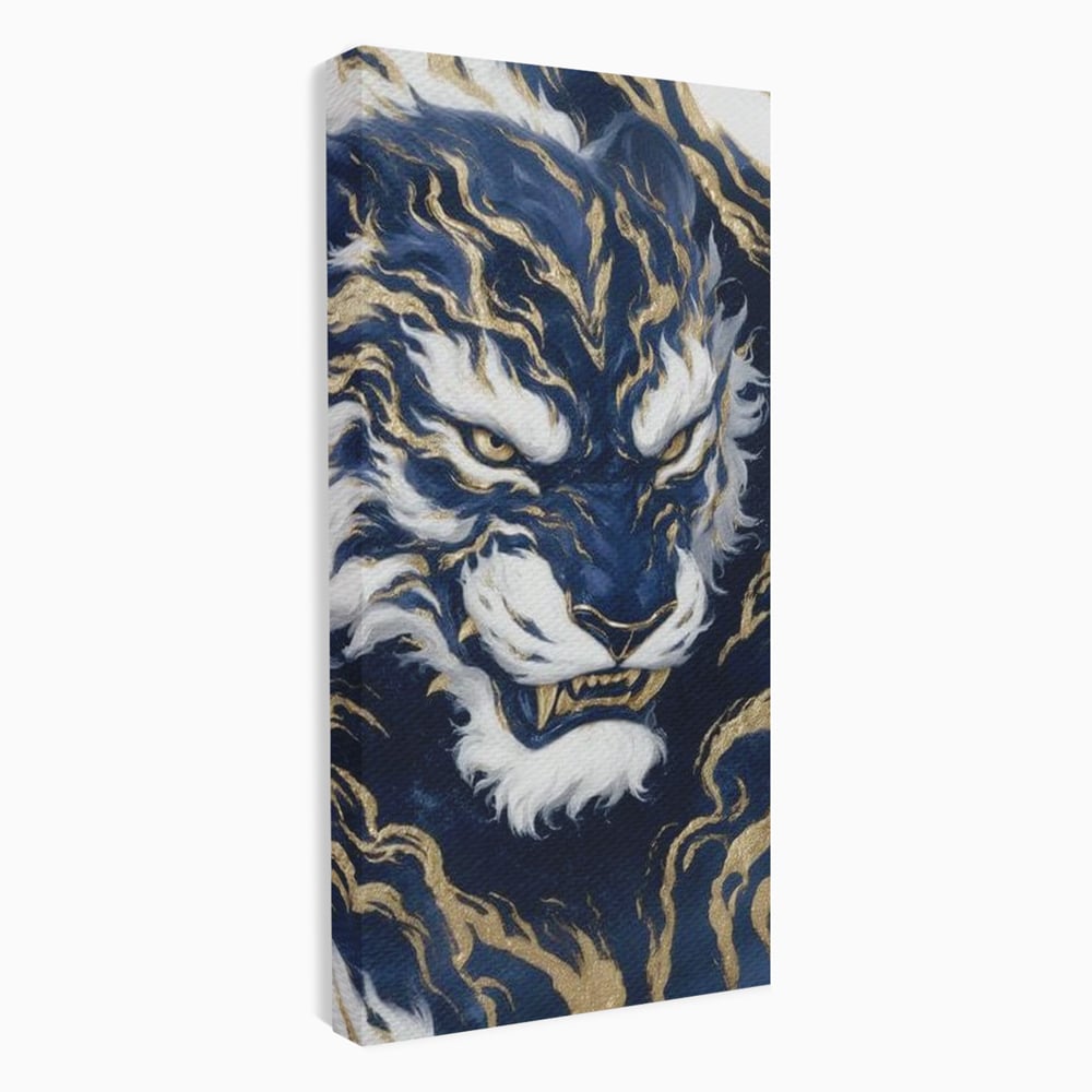 Tablou canvas cu tablou canvas cu tigru albastru si flacari aurii, fara rama, pe sasiu de lemn