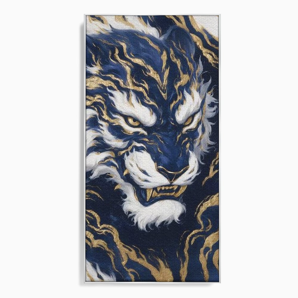 Tablou canvas cu tablou canvas cu tigru albastru si flacari aurii, in rama de aluminiu argintiu