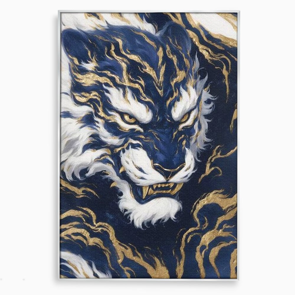 Tablou canvas cu tablou canvas cu tigru albastru si flacari aurii, in rama de aluminiu argintiu