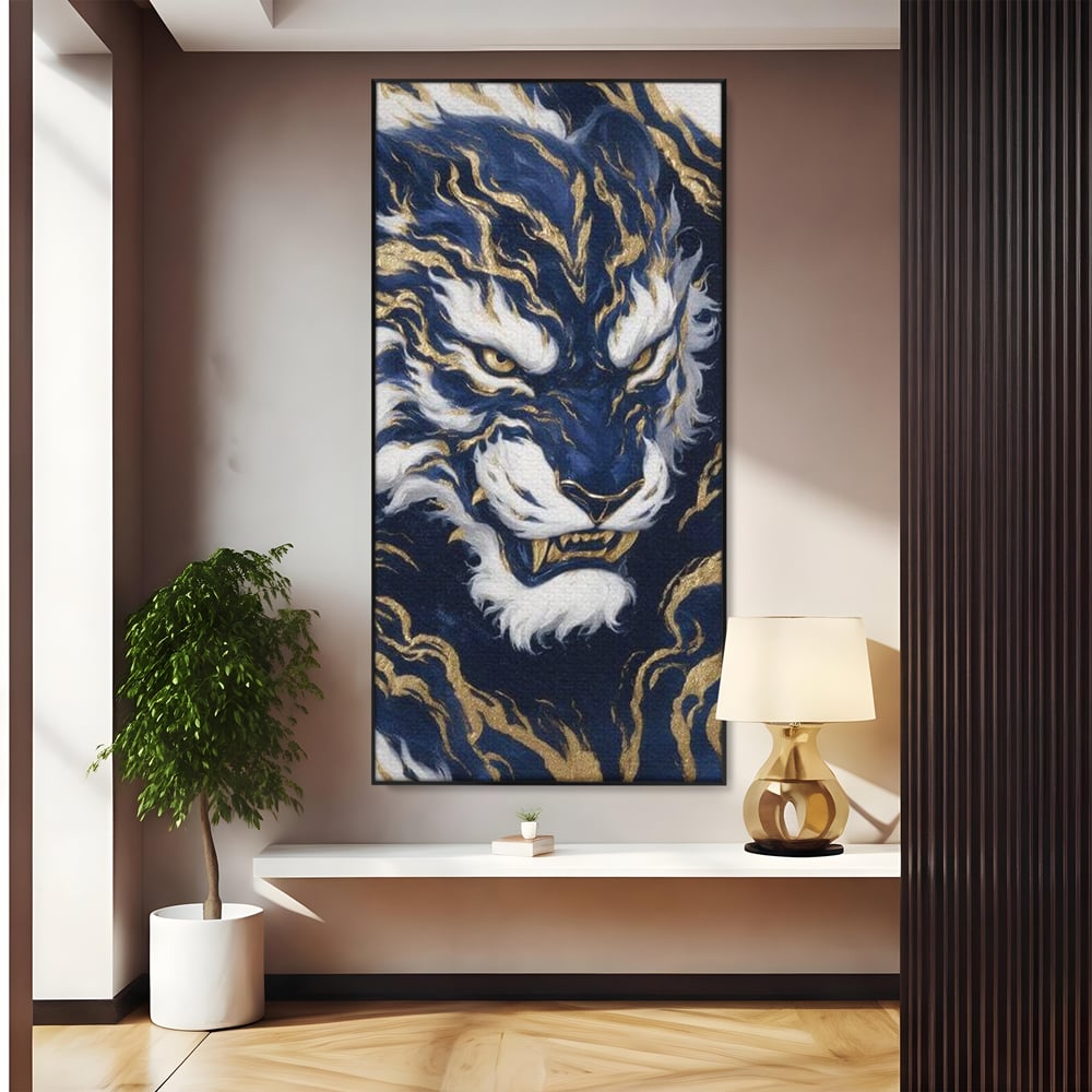 Tablou canvas cu tablou canvas cu tigru albastru si flacari aurii, in rama de aluminiu negru