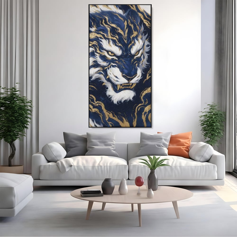 Tablou canvas cu tablou canvas cu tigru albastru si flacari aurii, in rama de aluminiu negru, pe perete intr-un living