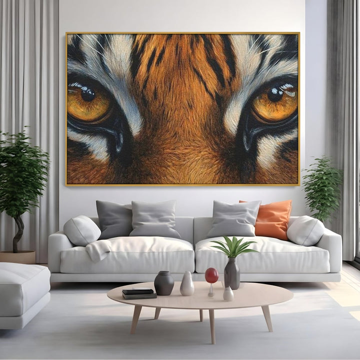 Tablou canvas cu tablou canvas cu ochi de tigru, in rama de aluminiu auriu, pe perete intr-un living