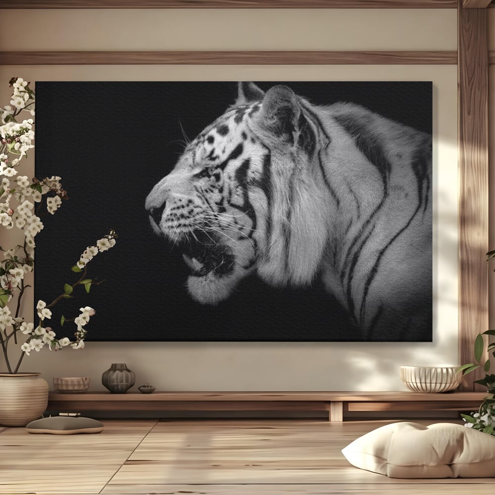 Tablou canvas cu tablou canvas cu tigru alb-negru, fara rama, pe sasiu de lemn