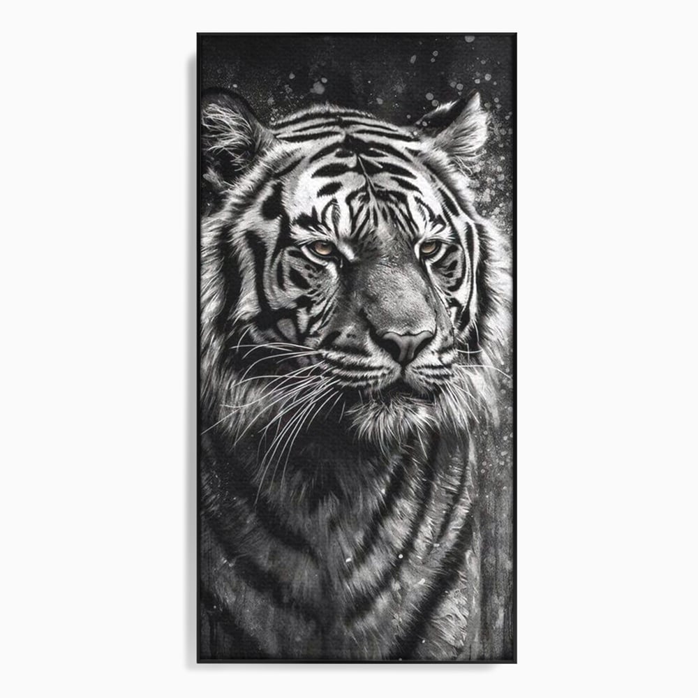 Tablou canvas cu tablou canvas portret tigru alb negru, in rama de aluminiu negru